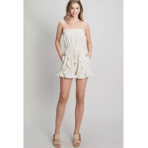 Natural Linen Strapless Tube Ruffle Romper - Picture 4 of 6
